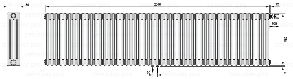 Схема (чертеж) Радиатор Zehnder Charleston 4075/51 №V008 Белый глянцевый RAL 9016